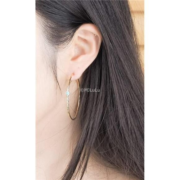 Gold Hoop Earrings Blue Turquoise Dainty Lightweight Hypoallergenic Boho Jewelry - Picture 6 of 8
